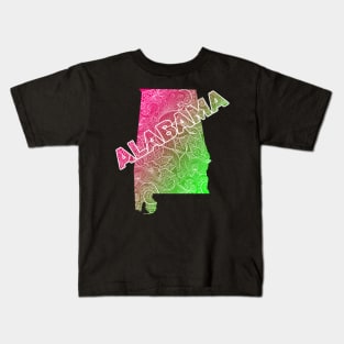 Colorful mandala art map of Alabama with text in pink and green Kids T-Shirt